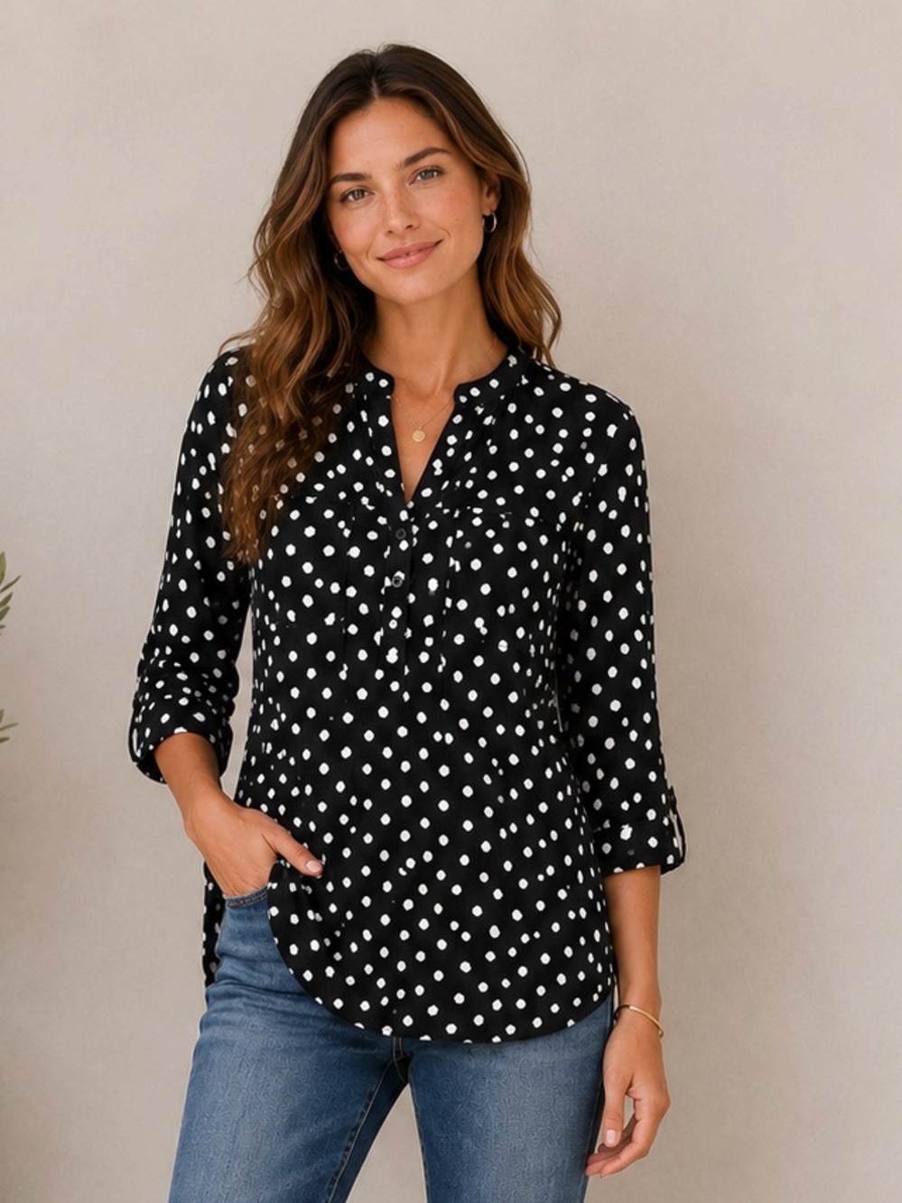 Anthropologie Maeve Black White Polka Dot Tunic Blouse 3/4 Sleeve Size S